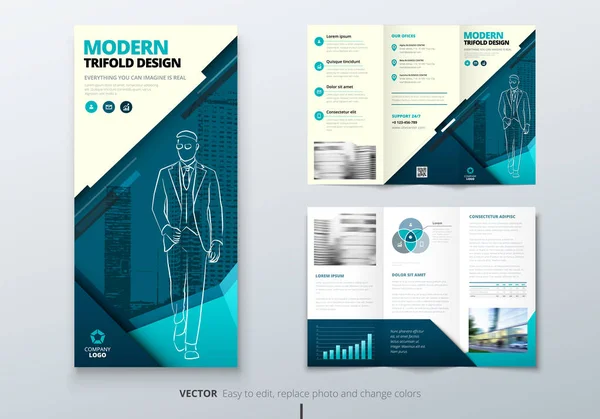 Desenho de brochura de três dobras. Teal DL Modelo de negócio corporativo para experimentar folheto ou folheto de dobra. Layout com elementos modernos e fundo abstrato. Concepção criativa folheto dobrado ou brochura . — Vetor de Stock