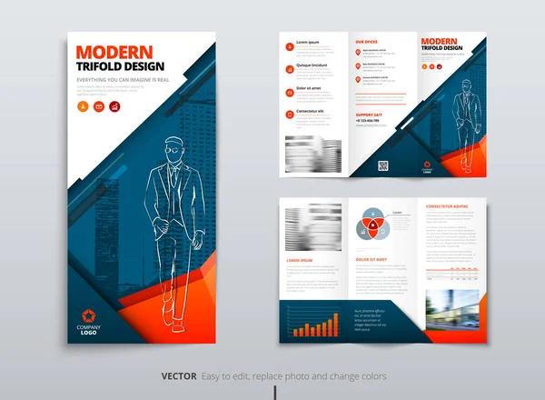 Dreifach-Broschüren-Design. blau orange dl Corporate Business-Vorlage zum Ausprobieren Faltprospekt oder Flyer. Layout mit modernen Elementen und abstraktem Hintergrund. Kreatives Konzept gefalteter Flyer oder Broschüre. — Stockvektor