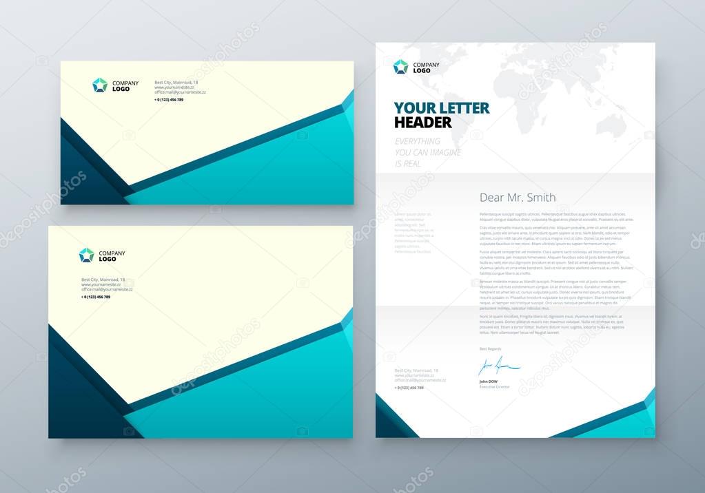 Envelope DL, C5, Letterhead. Teal Corporate business template for envelope and letter. Layout with modern triangle elements and abstract background. Creative vector concept