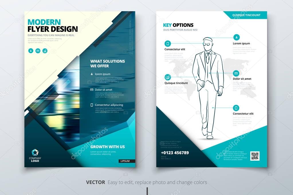 Flyer design. Teal Corporate business template for brochure, report, catalog, magazine. Layout with modern square photo and abstract triangle background. Creative vector concept