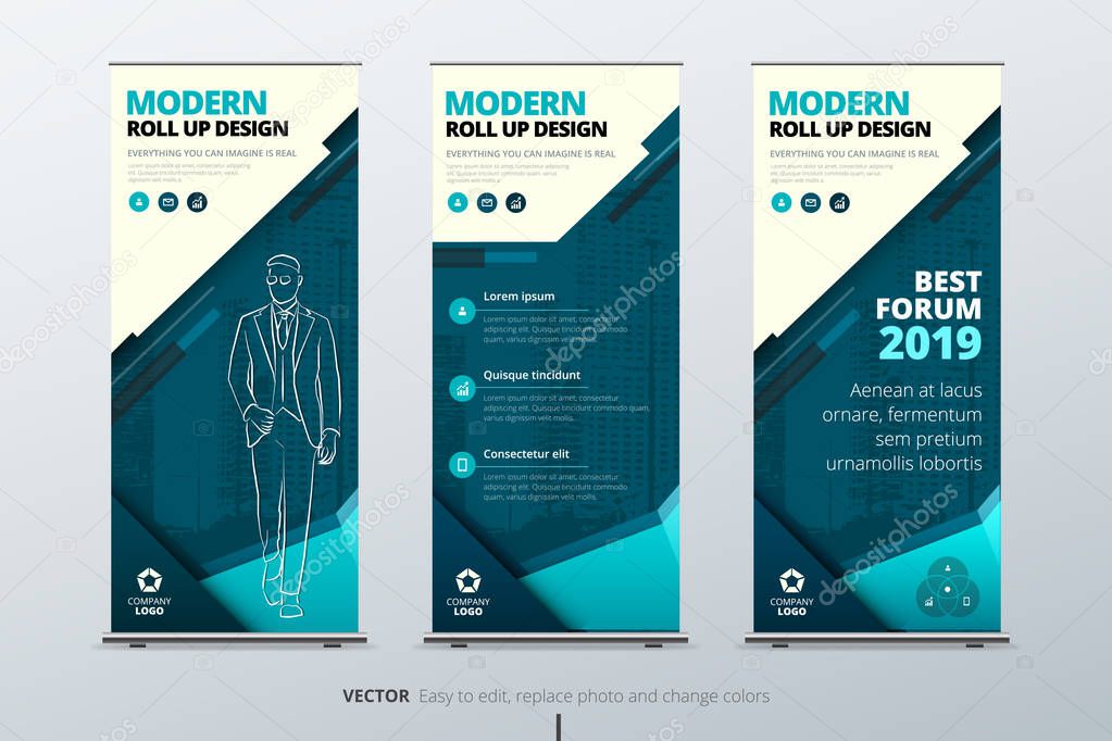 Roll Up banner stand. Presentation concept. Teal Corporate business roll up template background. Vertical template billboard, banner stand or flag design layout. Poster for conference, forum, shop