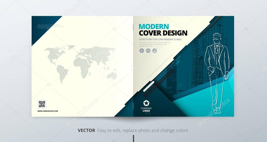 Square Brochure design. Teal Corporate business template for rectangle brochure, report, catalog, magazine. Layout with modern square photo and abstract triangle background. Creative vector concept