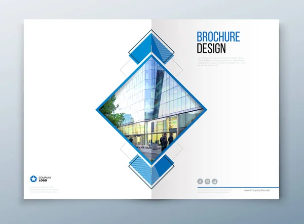 Diseño de plantilla de folleto de portada. Azul oscuro. Informe anual de negocios corporativos, catálogo, revista, maqueta de volantes. Concepto creativo moderno con cuadrados, rombos y foto de estilo urbano . — Vector de stock