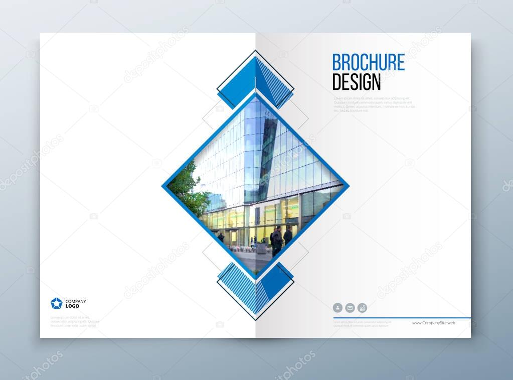 Cover brochure template design. Dark blue. Corporate business annual report, catalog, magazine, flyer mockup. Creative modern concept with squares, rombs and urban styled photo.