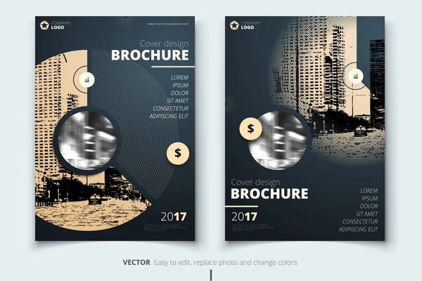 브로셔 디자인입니다. 기업 비즈니스 보고서 표지, 팜플렛 이나 전단지 디자인. 전단지 프리젠테이션입니다. 추상 원 전단지 둥근 모양 배경. 현대 포스터 잡지, 레이아웃, 서식 파일입니다. A4 — 스톡 벡터