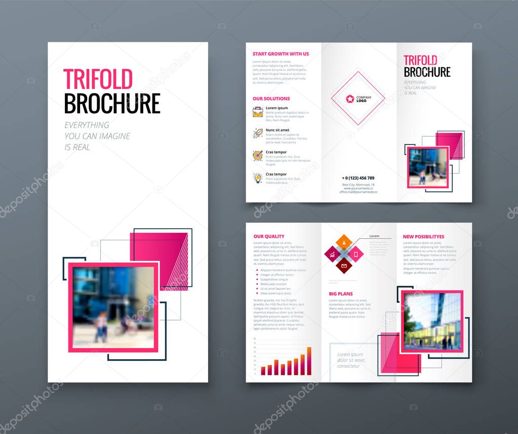 Tri fold brochure design. Corporate business template for tri fold flyer with rhombus square shapes.
