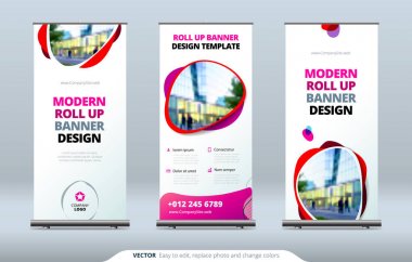 İş Roll Up Banner stand. Sunu kavramı. Soyut modern arka plan rulo. Şablon billboard, dikey olarak topla stand banner veya tasarım düzeni bayrak. Konferans, forum, dükkanı için poster