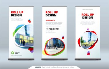 İş Roll Up Banner stand. Sunu kavramı. Soyut modern arka plan rulo. Şablon billboard, dikey olarak topla stand banner veya tasarım düzeni bayrak. Konferans, forum, dükkanı için poster