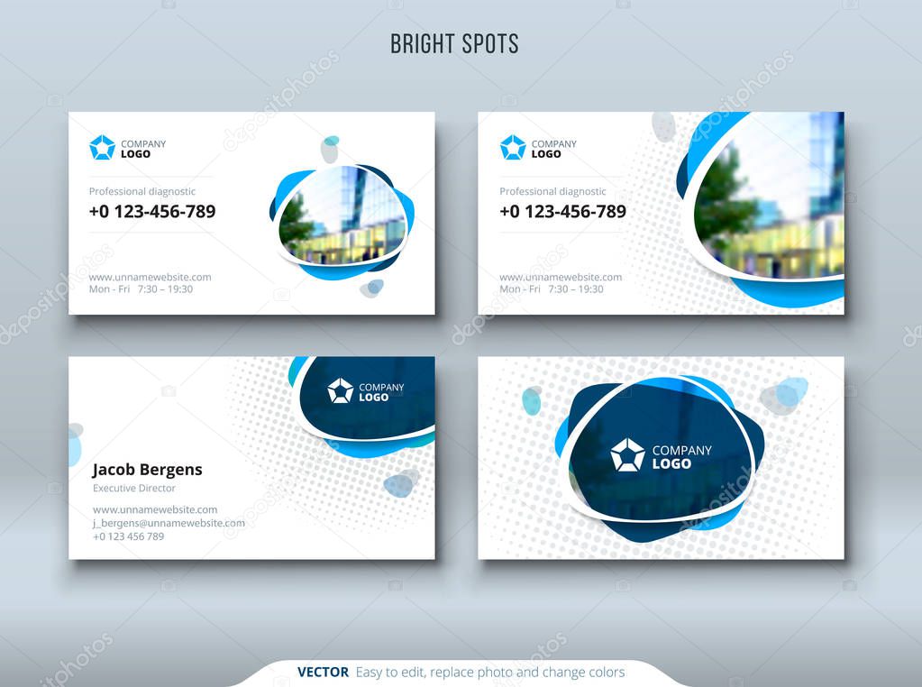 Business card design. Business card template for personal or corporate use with blue and green spot elements. Vector illustration