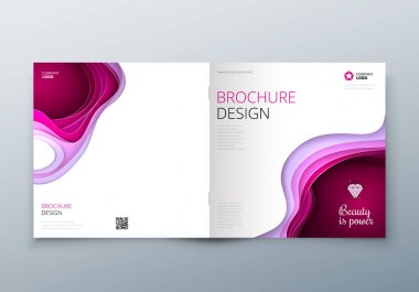 Kare kağıt kesme broşür tasarım. Kağıt broşür ve ilan dergi veya katalog tasarım için arka kapak bölmek. Broşür pembe renklerde