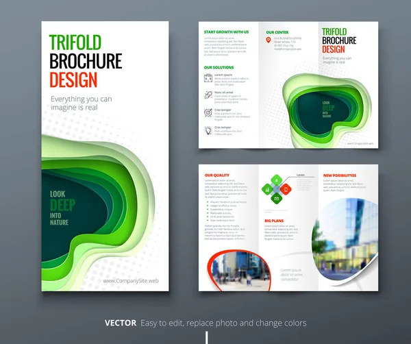 Business tri piega brochure design. Modello di business aziendale green eco nature per volantino tri fold. Layout con sfondo astratto taglio carta moderna. Concetto creativo pieghevole volantino o brochure . — Vettoriale Stock