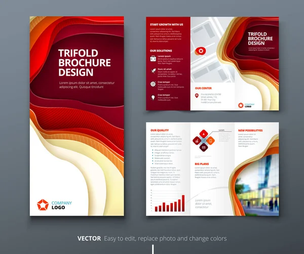 Business tri piega brochure design. Modello di business aziendale arancione rosso per volantino tri piega. Layout con sfondo astratto taglio carta moderna. Concetto creativo pieghevole volantino o brochure . — Vettoriale Stock