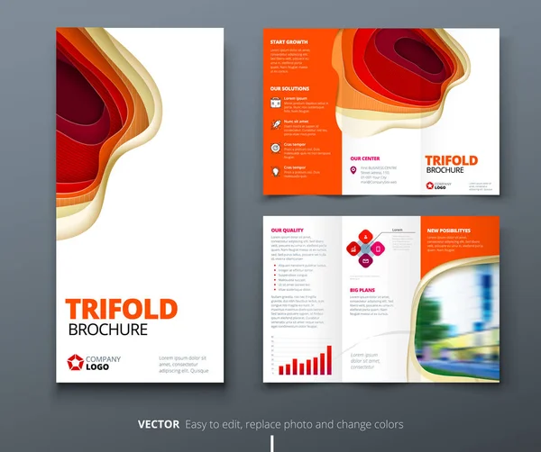 Zakelijke tri-fold brochureontwerp. Rood oranje zakelijke sjabloon te tri-fold folder. Lay-out met moderne papier knippen abstracte achtergrond. Creatief concept gevouwen flyer of brochure. — Stockvector