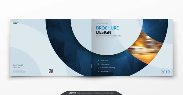 Landscape cover design. Blue corporate business rectangle cover template brochure, report, catalog, magazine. Modern cover layout circle shape abstract background. Creative cover vector concept — Stock Vector