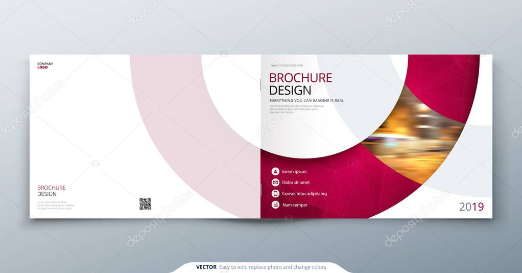 Landscape Brochure design. Magenta corporate business rectangle template brochure, report, catalog, magazine. Brochure layout modern circle shape abstract background. Creative vector concept