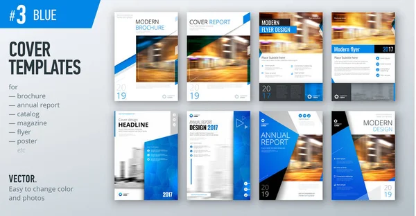 パンフレット 報告書 カタログ 雑誌や小冊子の明るい青色のビジネス カバー デザイン テンプレートのセット 創造的なベクトルの背景 — ストックベクタ