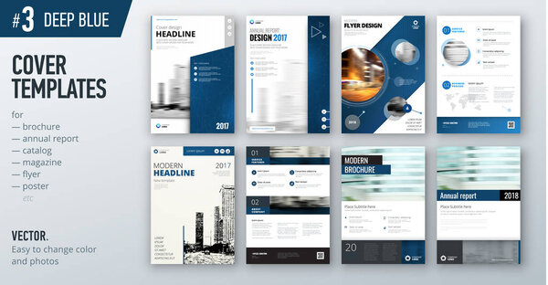 set of business cover design templates in dark blue color for brochures, reports, catalogs, magazines or booklets. Creative vector backgrounds