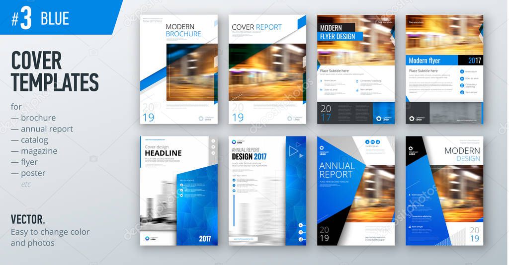 set of business cover design templates in bright blue color for brochures, reports, catalogs, magazines or booklets. Creative vector backgrounds