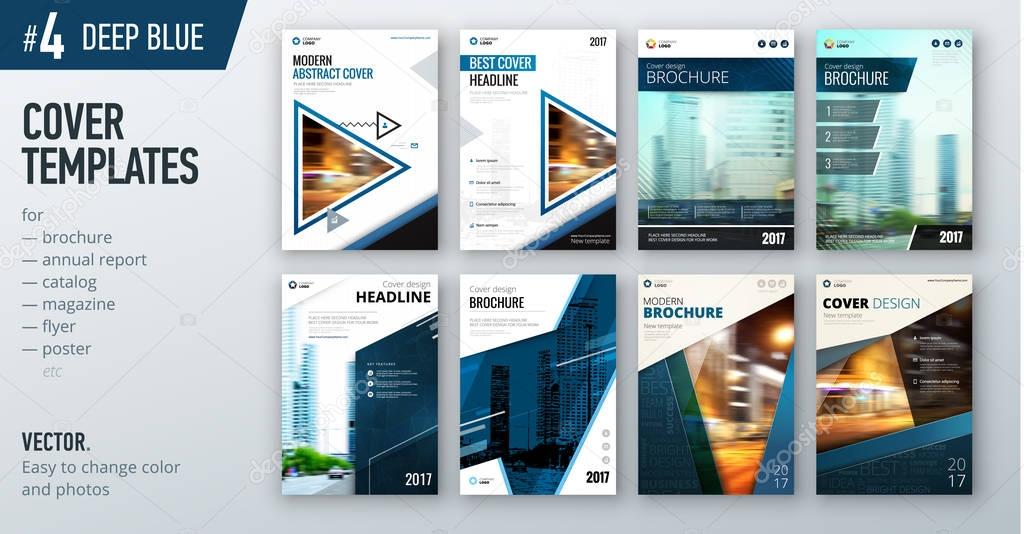 set of business cover design templates in dark blue color for brochures, reports, catalogs, magazines or booklets. Creative vector backgrounds