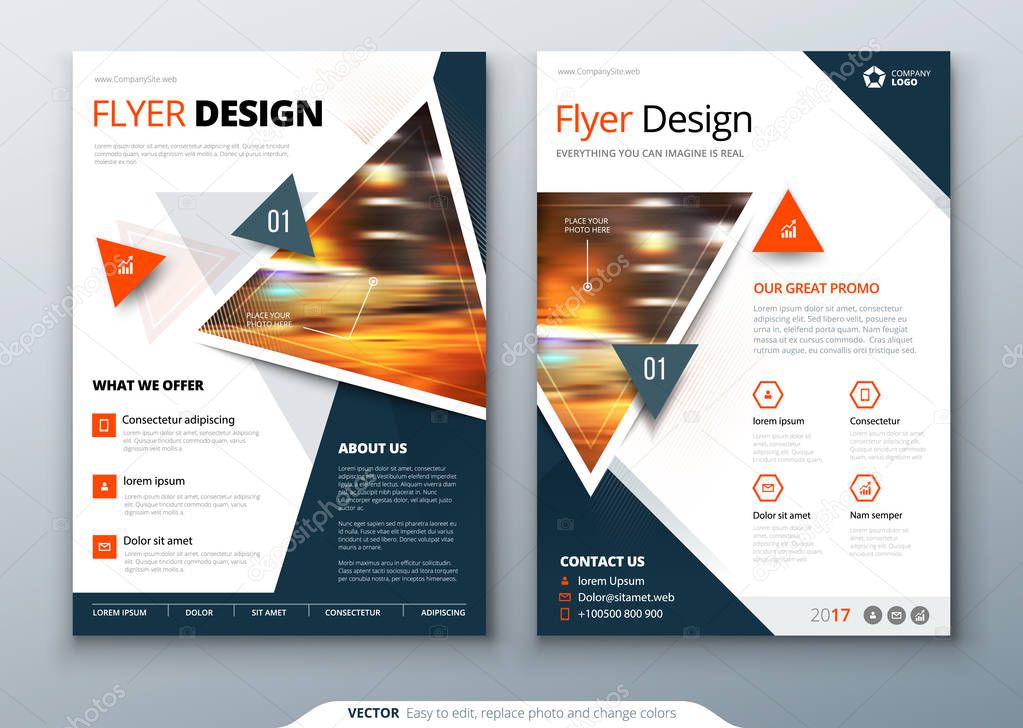 Flyer template layout design with triangles in bright colors 