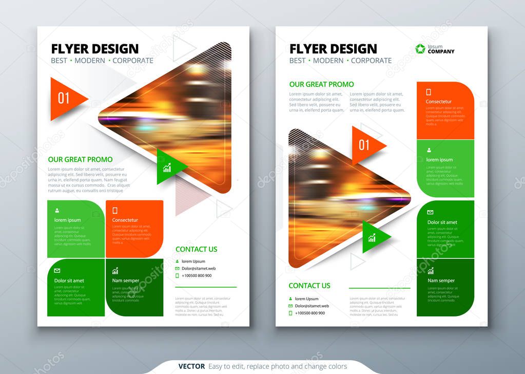 Flyer template layout design with triangles in bright colors 
