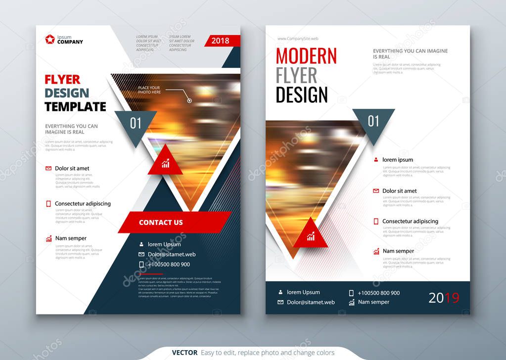 Flyer template layout design with triangles in bright colors 