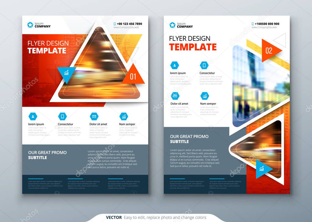 Flyer template layout design with triangles in bright colors 