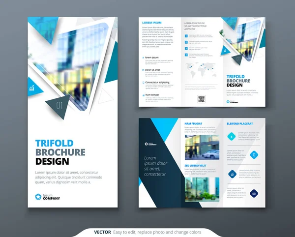 Conception de brochure Business tri fold. Modèle d'entreprise bleu vert pour trois dépliants. Mise en page avec photo carré moderne et fond abstrait. Concept créatif dépliant plié ou brochure . — Image vectorielle