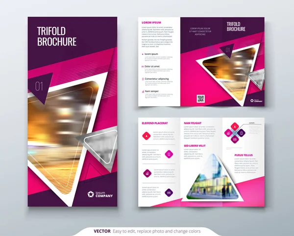 Bifold brochureontwerp. Rood, oranje sjabloon voor bii vouw flyer. Lay-out met moderne driehoek foto en abstracte achtergrond. Creatief concept gevouwen flyer of brochure. — Stockvector