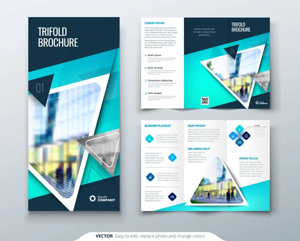 Obchodní tri fold brožura design. Modrá zelená firemní obchodní šablona pro tri fold leták. Rozložení s moderní fotografie náměstí a abstraktní pozadí. Kreativní koncept složený leták nebo brožura. — Stockový vektor