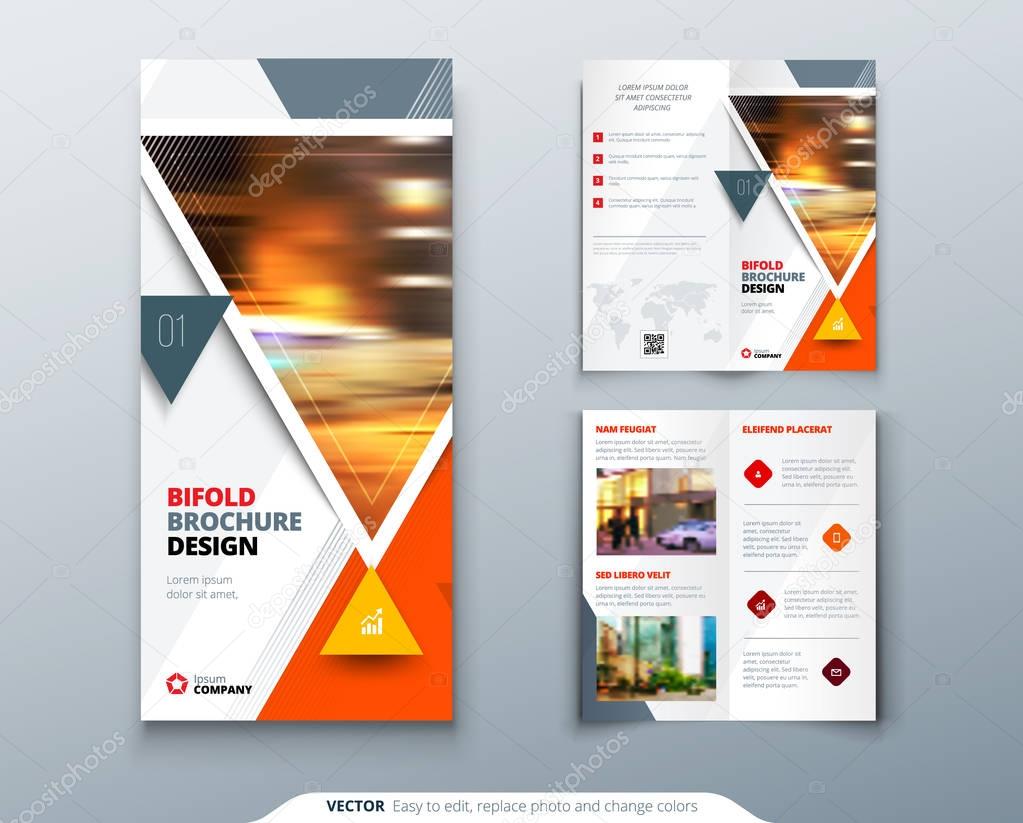 Bifold Brochure Design Red Orange Template For Bi Fold Flyer Layout With Modern Triangle Photo And Abstract Background Creative Concept Folded Flyer Or Brochure Premium Vector In Adobe Illustrator Ai
