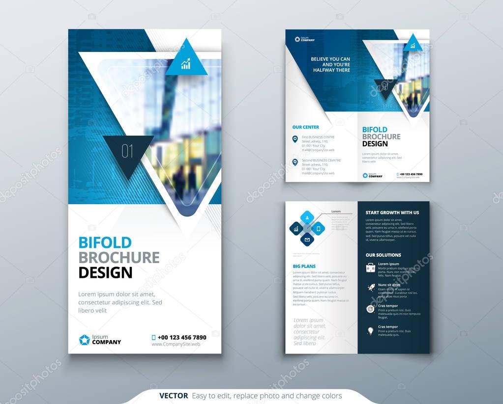 Bifold brochure design. Blue template for bi fold flyer. Layout with modern triangle photo and abstract background. Creative concept folded flyer or brochure.