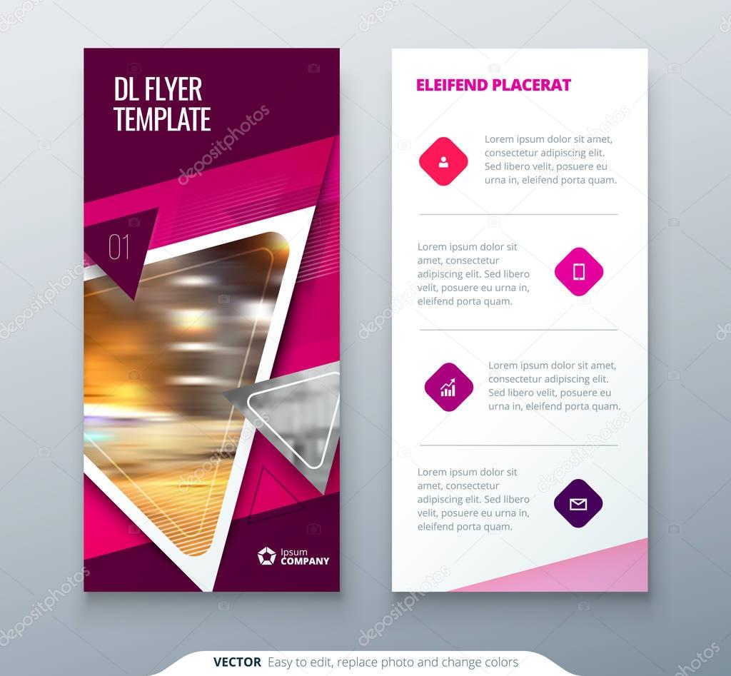 DL Flyer design. Pink template dl flyer banner. Layout with modern triangle photo and abstract background. Creative concept flyer, banner or brochure for fashion