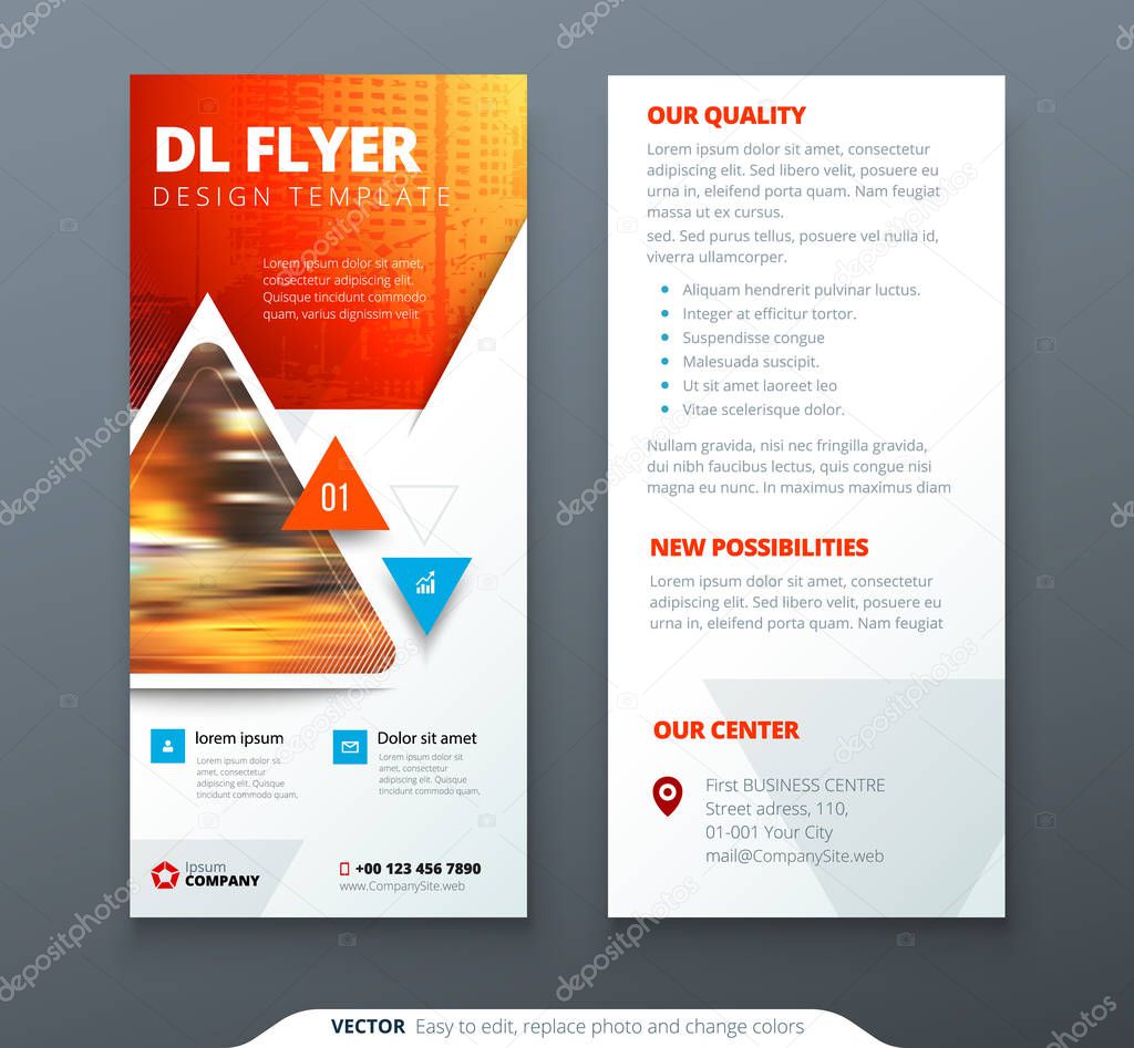 DL Flyer design. Red, orange template dl flyer banner. Layout with modern triangle photo and abstract background. Creative concept flyer, banner or brochure
