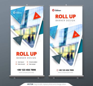 İş Roll Up Banner stand. Sunu kavramı. Soyut modern arka plan rulo. Şablon billboard, dikey olarak topla stand banner veya tasarım düzeni bayrak. Konferans, forum, dükkanı için poster.
