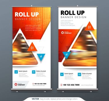 İş Roll Up Banner stand. Sunu kavramı. Soyut modern arka plan rulo. Şablon billboard, dikey olarak topla stand banner veya tasarım düzeni bayrak. Konferans, forum, dükkanı için poster.