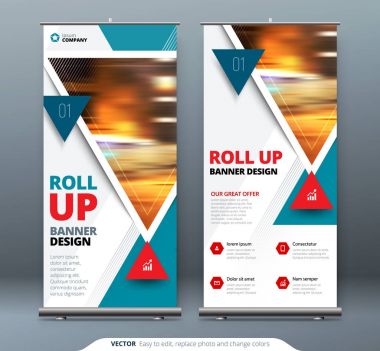 İş Roll Up Banner stand. Sunu kavramı. Soyut modern arka plan rulo. Şablon billboard, dikey olarak topla stand banner veya tasarım düzeni bayrak. Konferans, forum, dükkanı için poster.