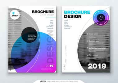 Broşür şablonu düzeni, kapak tasarımı faaliyet raporu, dergi, el ilanı veya A4 kitapçık renk çemberi şekilleri İsviçre veya magna tarzı ile. Vektör çizim.