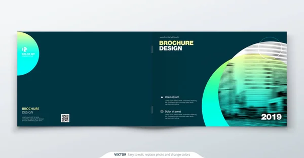 Teal broschyr design. Horisontella luckan mall för rapport, katalog, broschyr, magazine. Layout med gradient cirkel former och abstrakt foto som bakgrund. Schweizisk stil broschyr koncept — Stock vektor