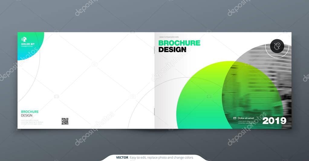 Green Brochure design. Horizontal cover template for brochure, report, catalog, magazine. Layout with gradient circle shapes and abstract photo background. Swiss style Brochure concept