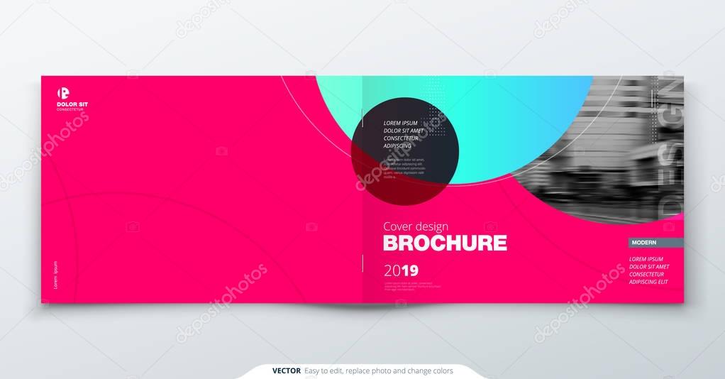 Magenta Brochure design. Horizontal cover template for brochure, report, catalog, magazine. Layout with gradient circle shapes and abstract photo background. Swiss style Brochure concept