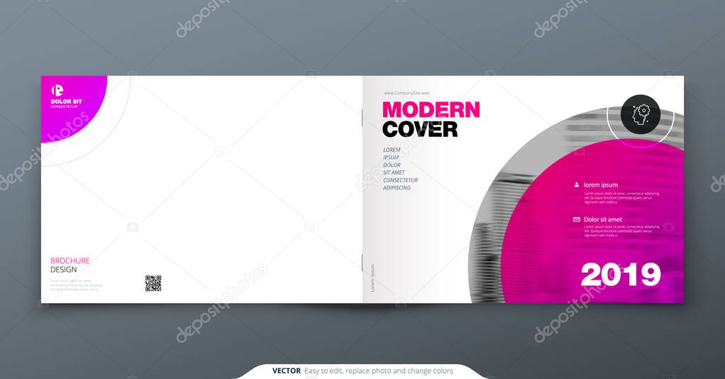 Magenta Brochure design. Horizontal cover template for brochure, report, catalog, magazine. Layout with modern circle shapes and abstract photo background. Swiss style Brochure concept
