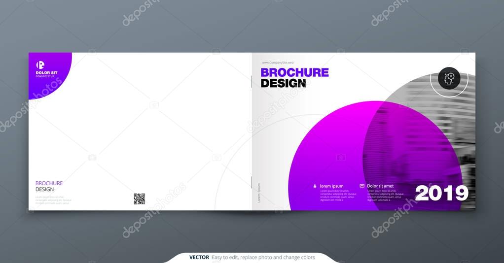 Purple Brochure design. Horizontal cover template for brochure, report, catalog, magazine. Layout with gradient circle shapes and abstract photo background. Swiss style Brochure concept