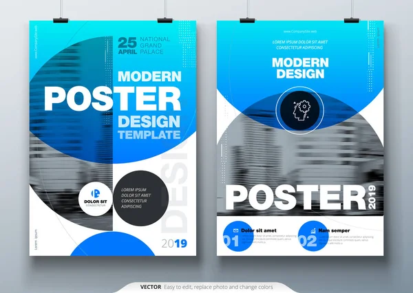 Poster template layout design. Business poster, placard background mockup in bright colors. Vector illustration with blue gradient circle — Stock Vector