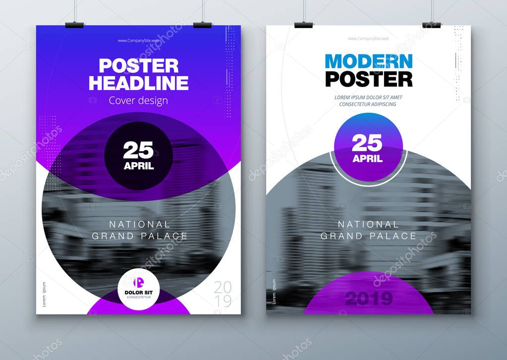 Poster template layout design. Business poster, placard background mockup in bright colors. Vector illustration with gradient circle