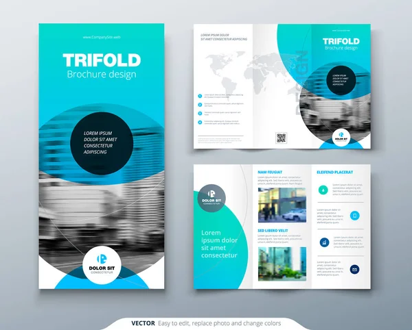 Tri fold brochure design. Blue business template for tri fold flyer. Layout with modern circle photo and abstract background. Creative 3 folded flyer or brochure concept. — Stock Vector