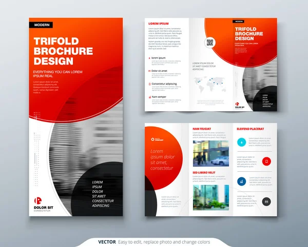 Tri fold brochure design. Red business template for tri fold flyer. Layout with modern circle photo and abstract background. Creative 3 folded flyer or brochure concept. — Stock Vector