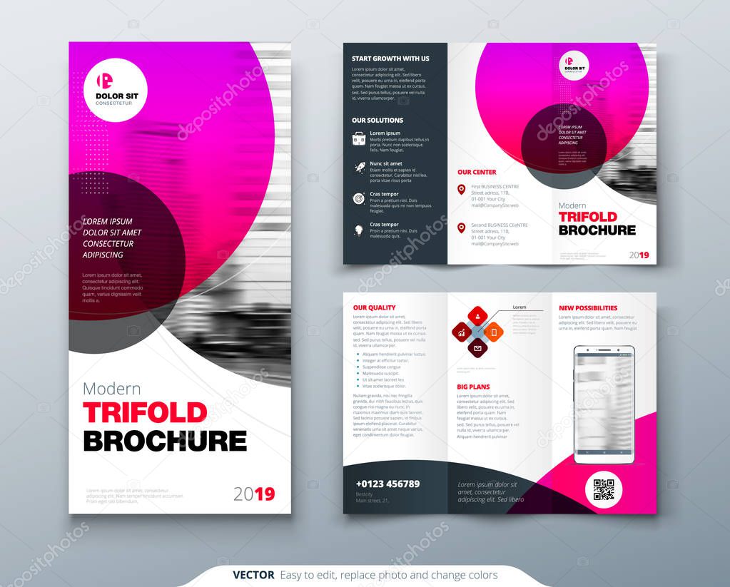 Tri fold brochure design. Pink business template for tri fold flyer. Layout with modern circle photo and abstract background. Creative 3 folded flyer or brochure concept.