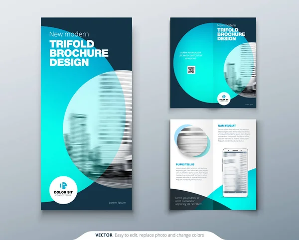 Diseño de folleto de pliegue triple. Teal, plantilla de negocio corporativa naranja para folleto triple. Diseño con foto de círculo moderno y fondo abstracto. Concepto creativo 3 folleto plegado o folleto . — Vector de stock