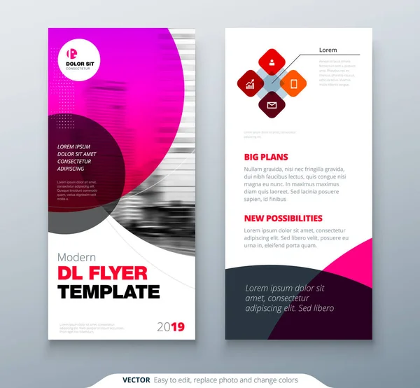 DL Flyer ontwerpen. Roze business sjabloon voor dl flyer. Lay-out met moderne cirkel foto en abstracte achtergrond. Creatief concept van de flyer of brochure. — Stockvector